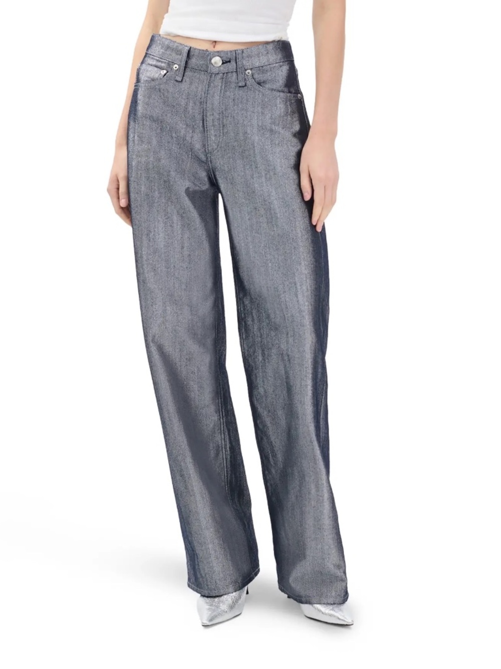 Rag & Bone The Logan Mid Rise Wide Leg Jeans 32 Indigo Silver Metallic NWT